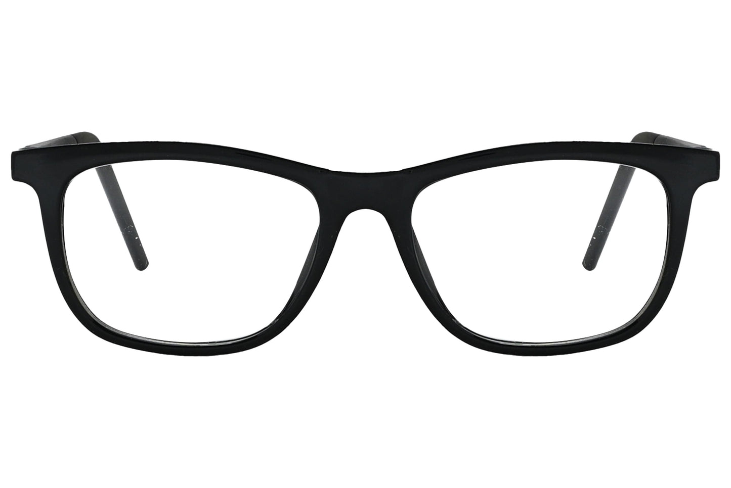 porto romano rectangle black eyeglasses frame viewed from front angle.