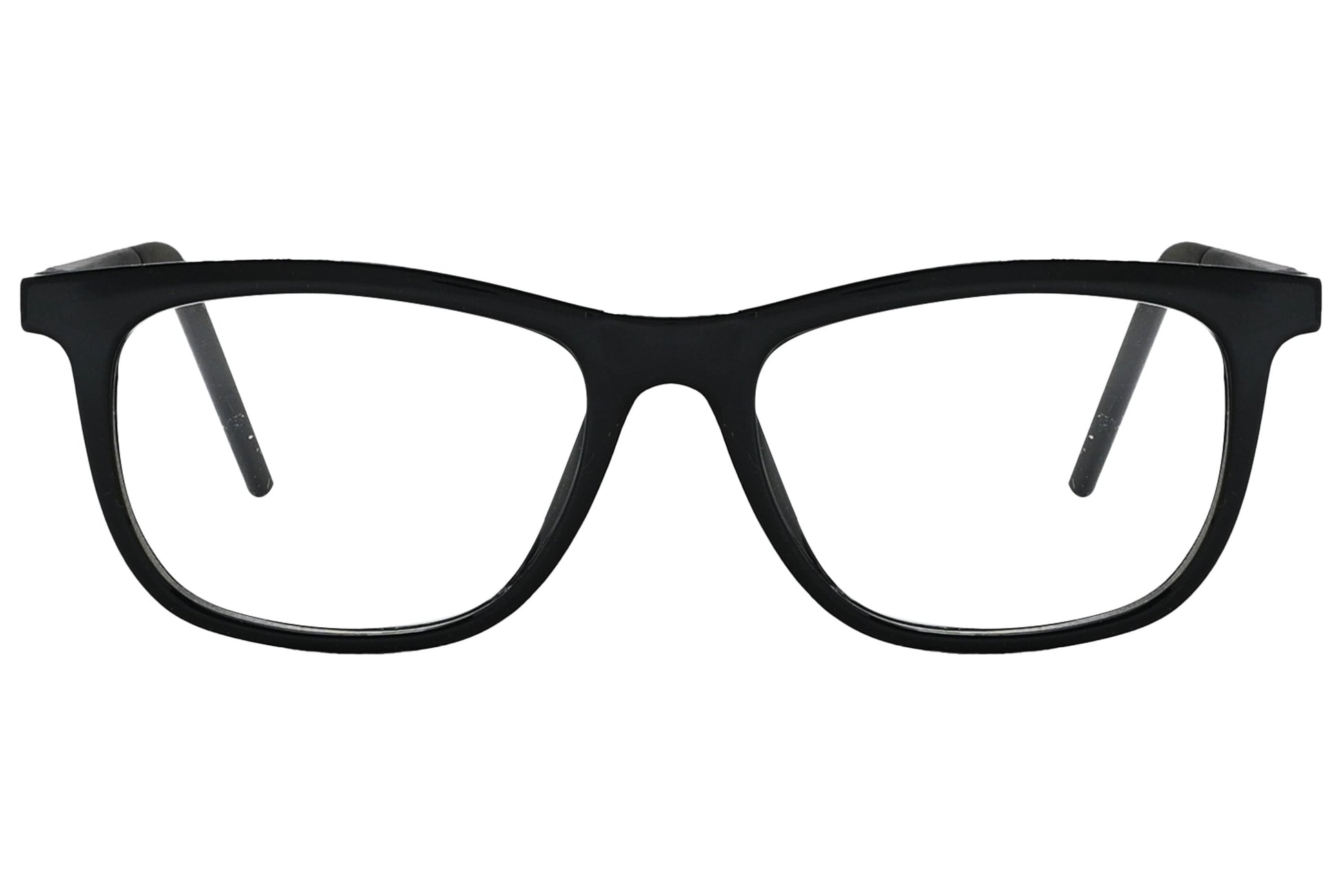 porto romano rectangle black eyeglasses frame viewed from front angle.