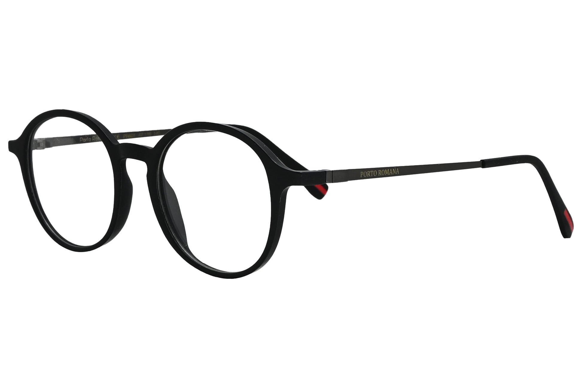 porto romano rectangle black eyeglasses frame viewed from a 45-degree angle.