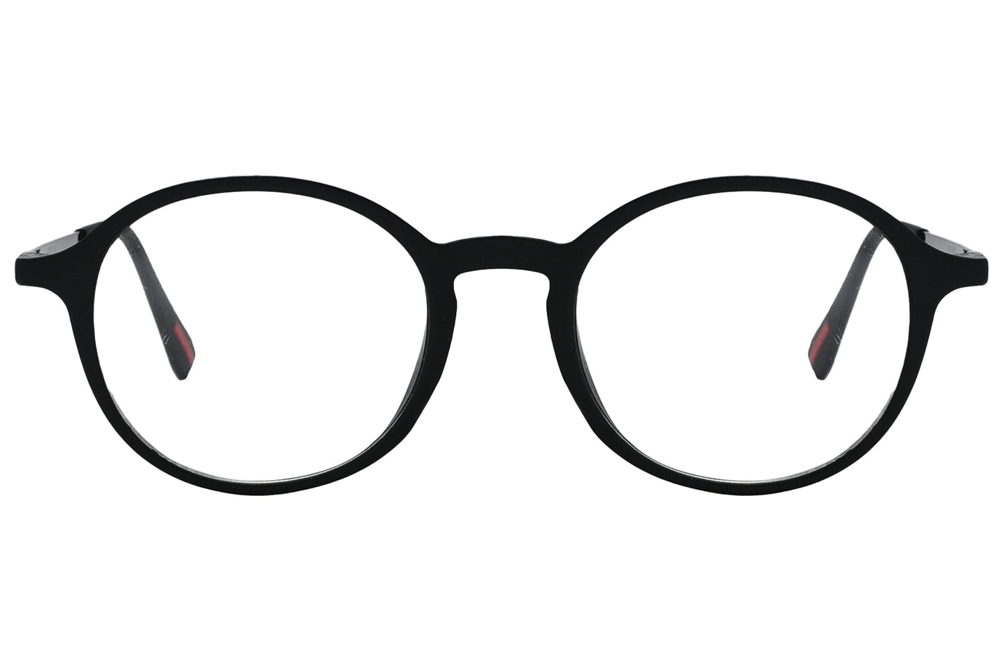 porto romano rectangle black eyeglasses frame viewed from front angle.