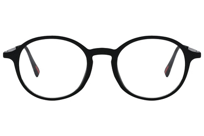 porto romano rectangle black eyeglasses frame viewed from front angle.