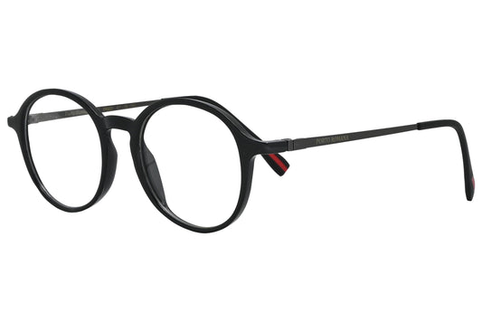 porto romano round black eyeglasses frame viewed from a 45-degree angle.