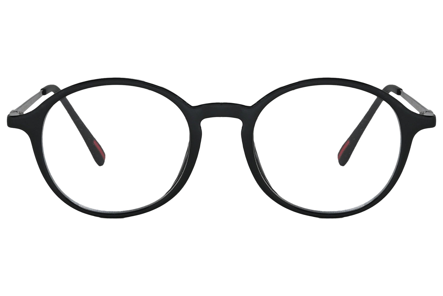 porto romano round black eyeglasses frame viewed from front angle.