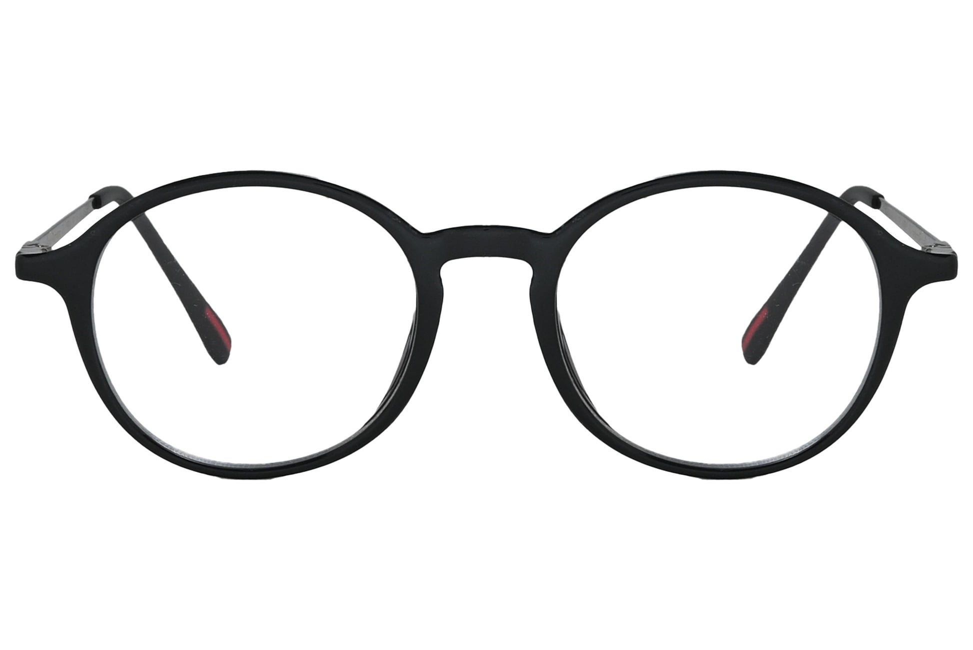 porto romano round black eyeglasses frame viewed from front angle.