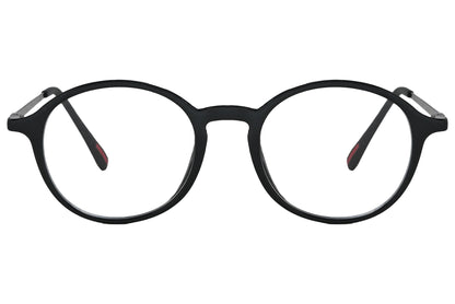 porto romano round black eyeglasses frame viewed from front angle.