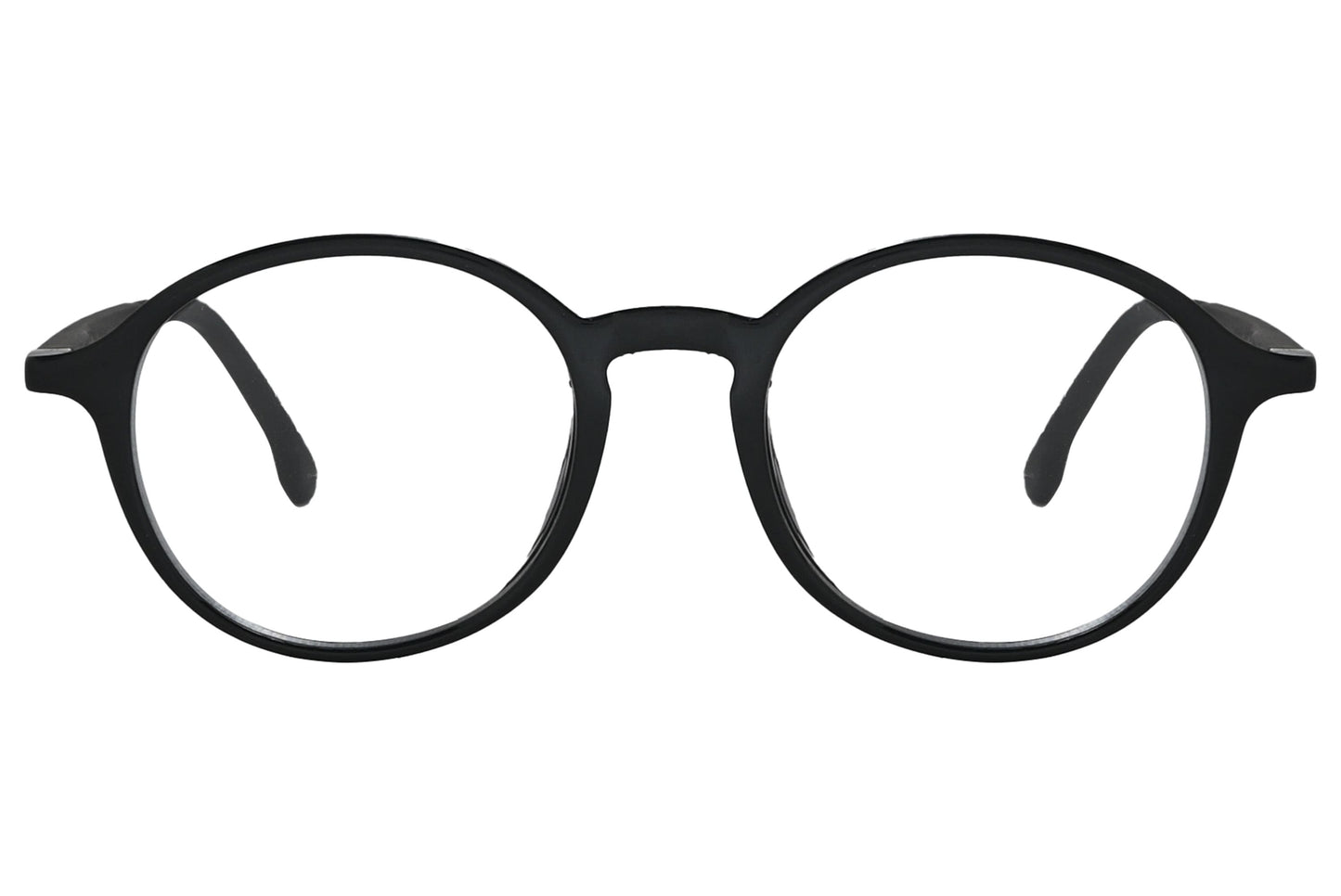 porto romano round black eyeglasses frame viewed from front angle.