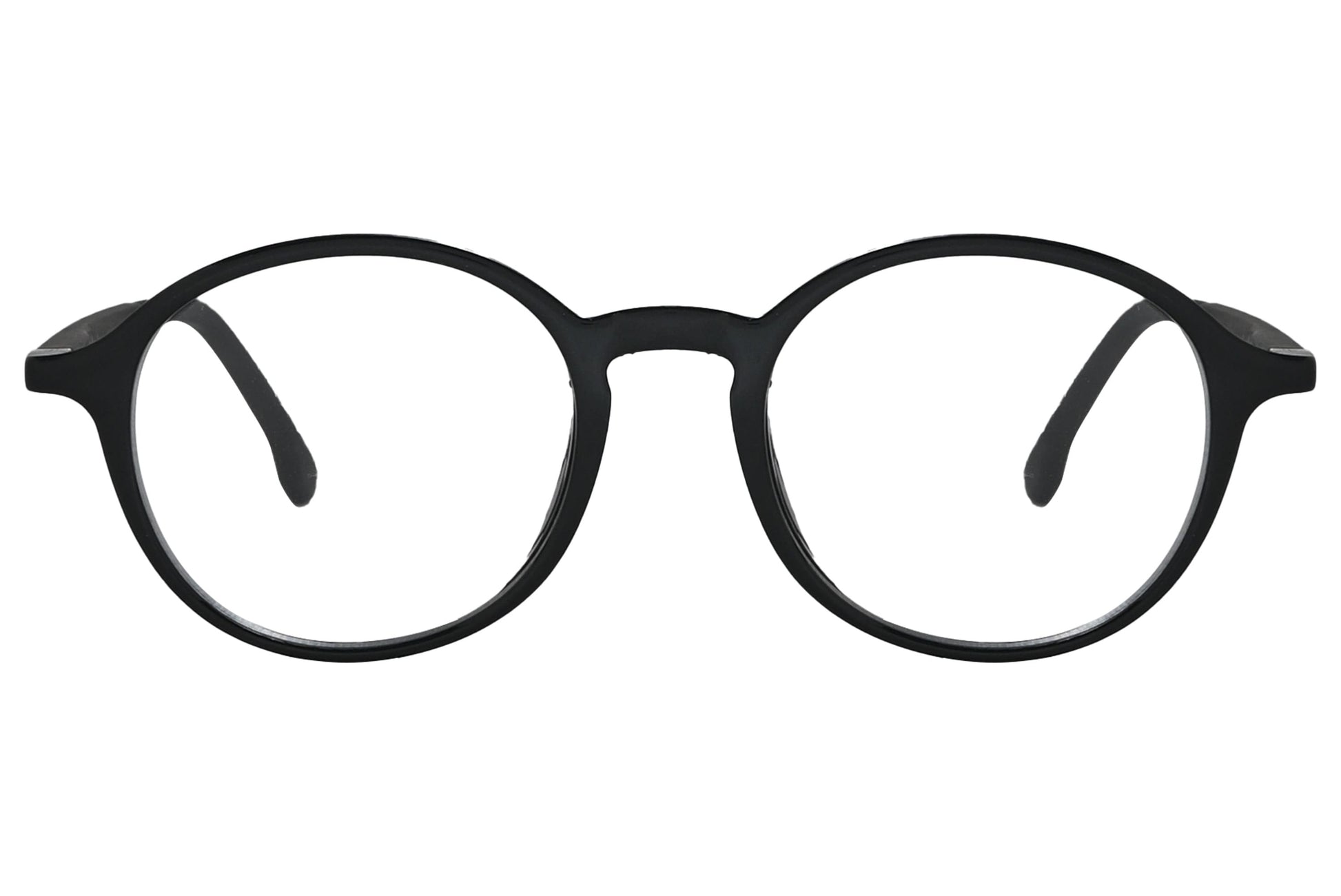 porto romano round black eyeglasses frame viewed from front angle.