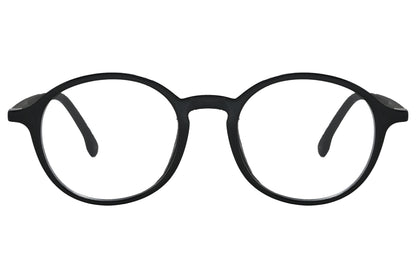 porto romano round black eyeglasses frame viewed from front angle.