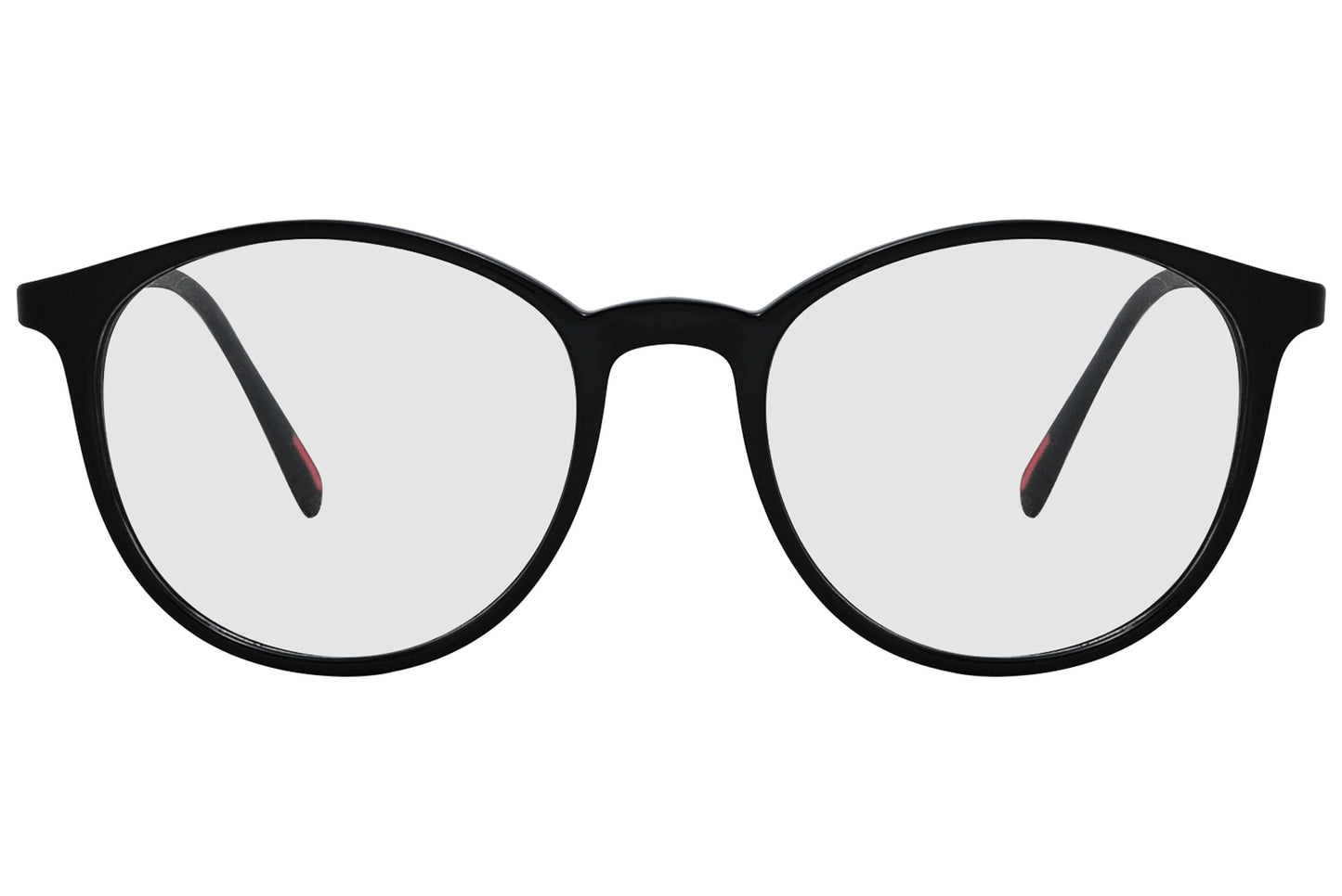 porto romano round black eyeglasses frame viewed from front angle.