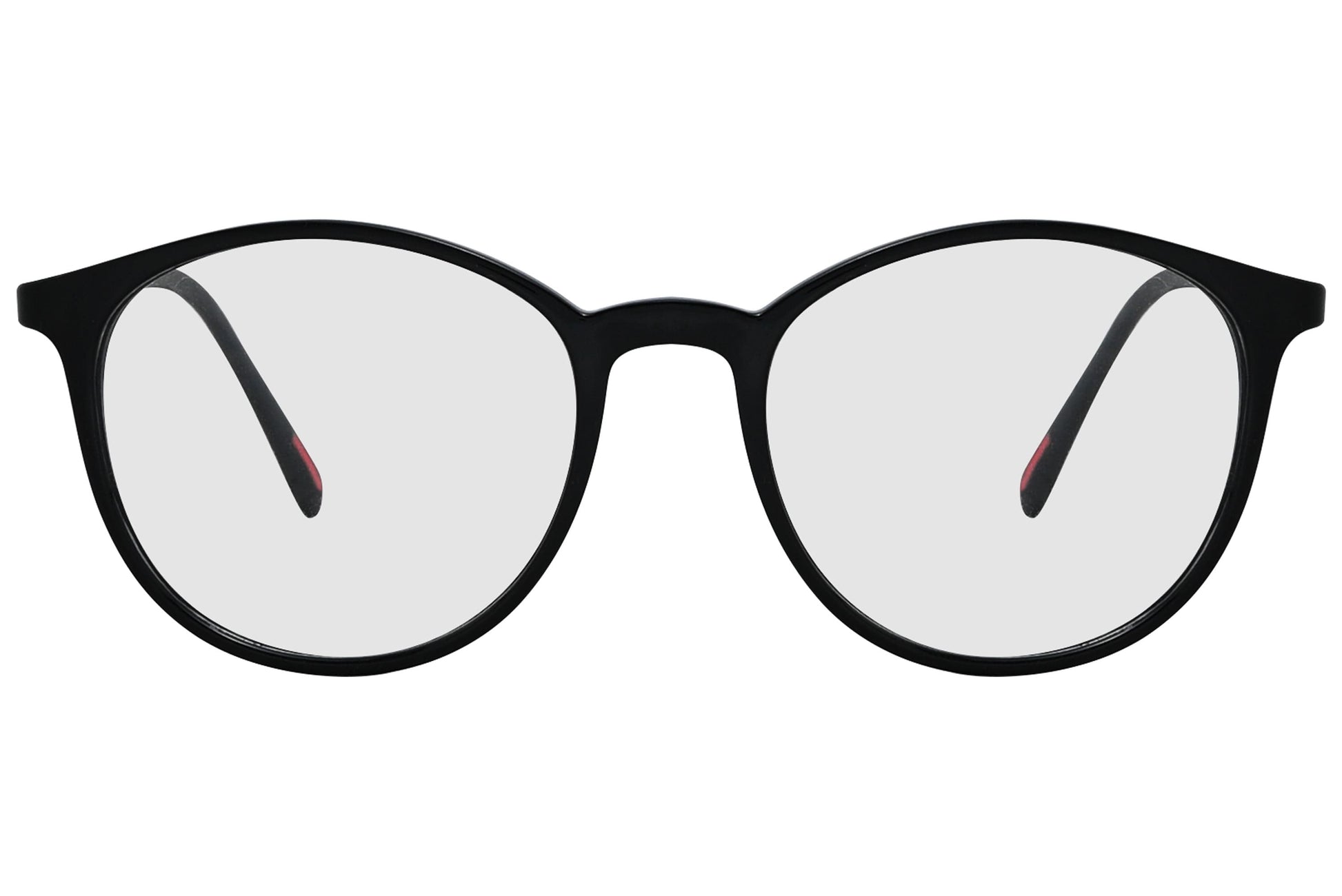 porto romano round black eyeglasses frame viewed from front angle.