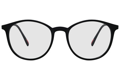 porto romano round black eyeglasses frame viewed from front angle.