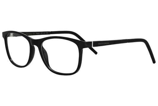 porto romano round black eyeglasses frame viewed from a 45-degree angle.