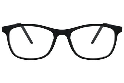 porto romano round black eyeglasses frame viewed from front angle.