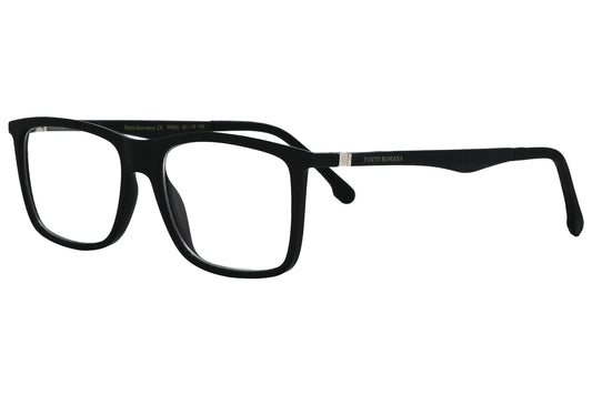 porto romano rectangle black eyeglasses frame viewed from a 45-degree angle.