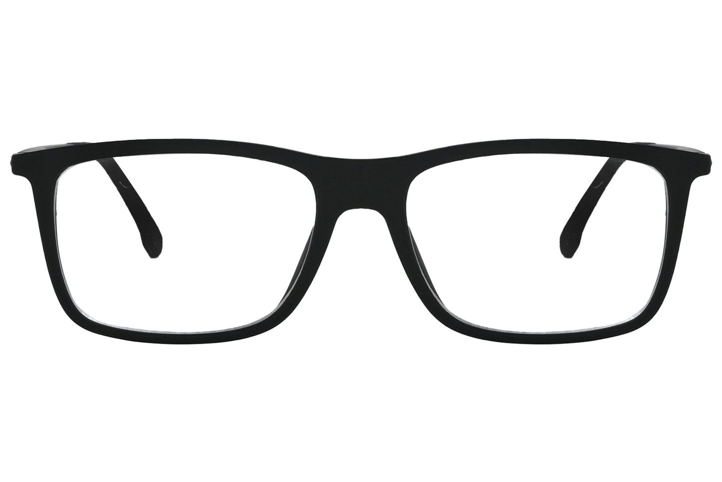 porto romano rectangle black eyeglasses frame viewed from front angle.