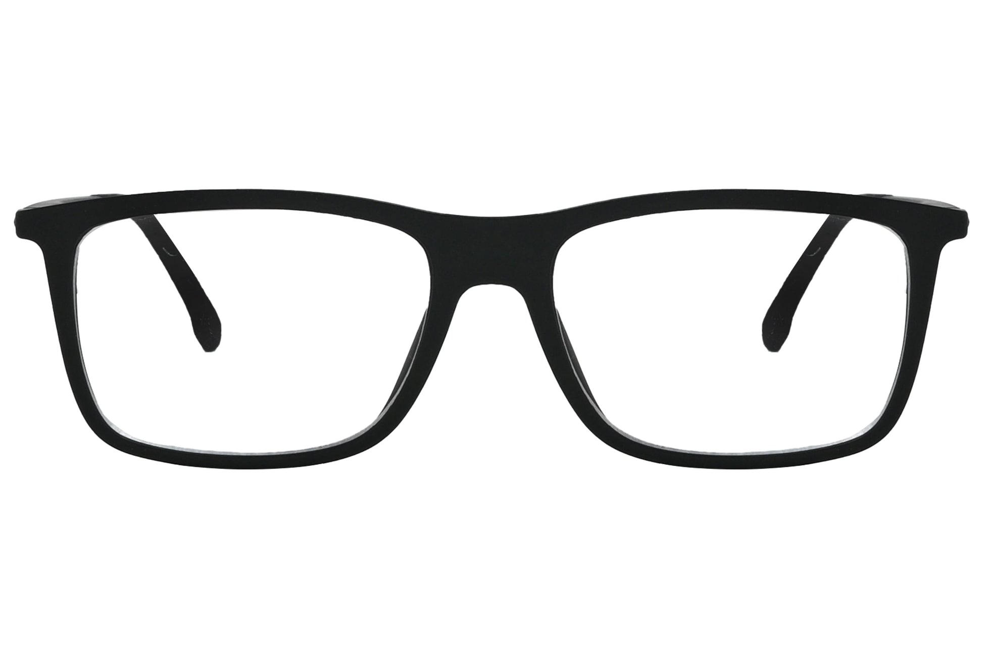 porto romano rectangle black eyeglasses frame viewed from front angle.