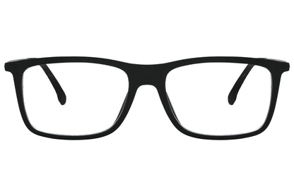 porto romano rectangle black eyeglasses frame viewed from front angle.