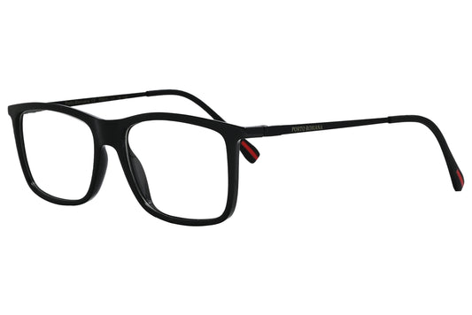 porto romano rectangle black eyeglasses frame viewed from a 45-degree angle.