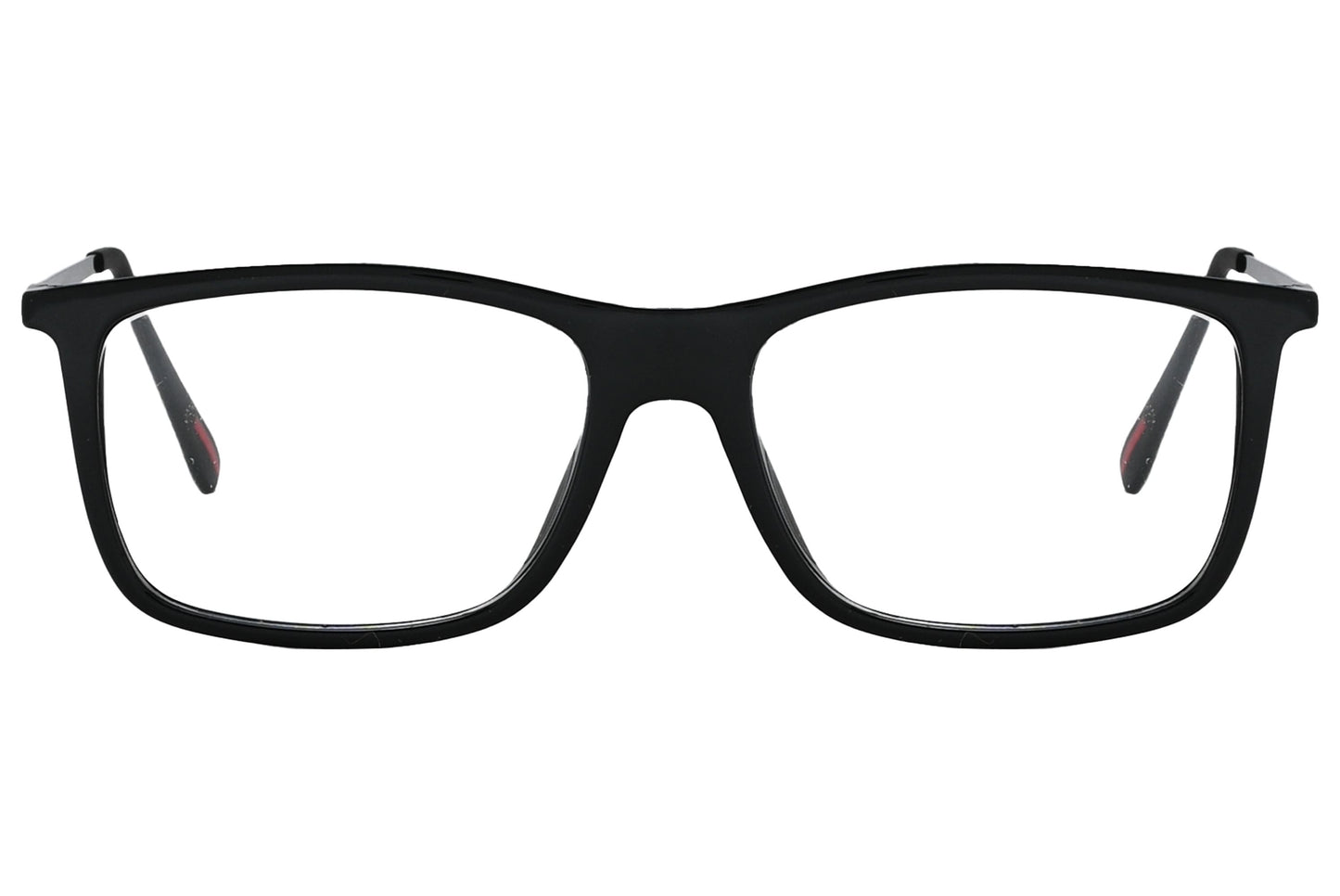 porto romano rectangle black eyeglasses frame viewed from front angle.