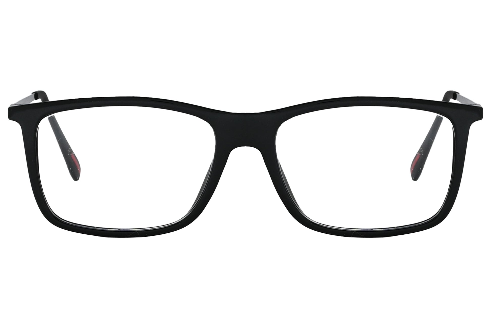 porto romano rectangle black eyeglasses frame viewed from front angle.