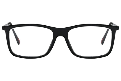 porto romano rectangle black eyeglasses frame viewed from front angle.