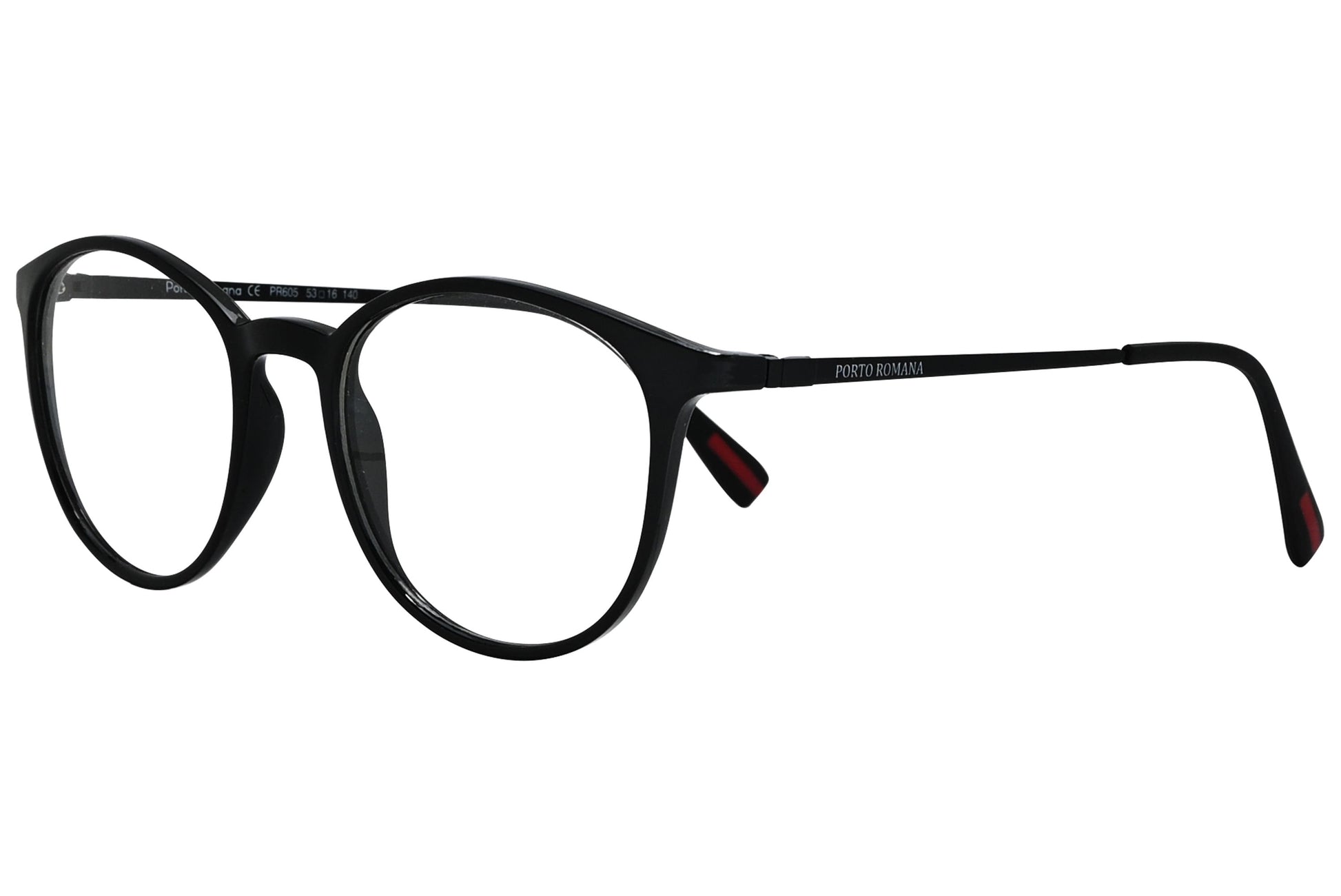 porto romano rectangle black eyeglasses frame viewed from a 45-degree angle.