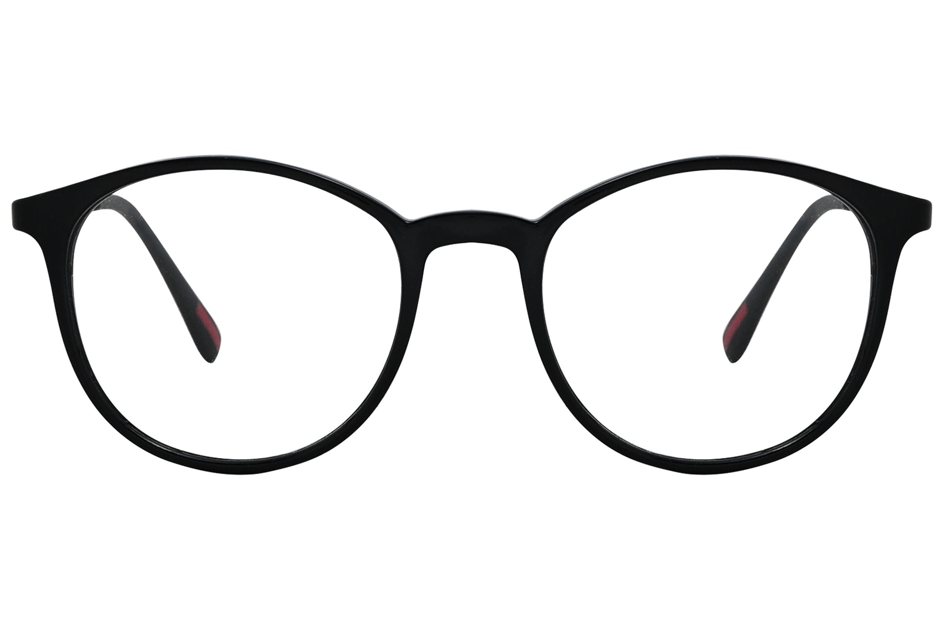 porto romano rectangle black eyeglasses frame viewed from front angle.