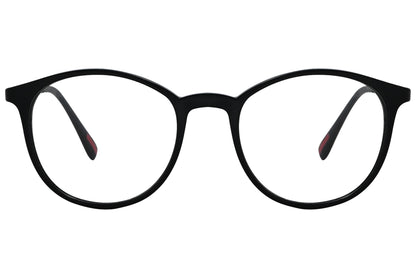 porto romano rectangle black eyeglasses frame viewed from front angle.