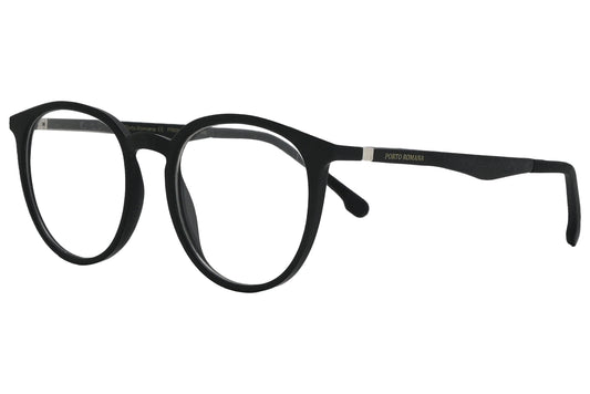 porto romano round black eyeglasses frame viewed from a 45-degree angle.