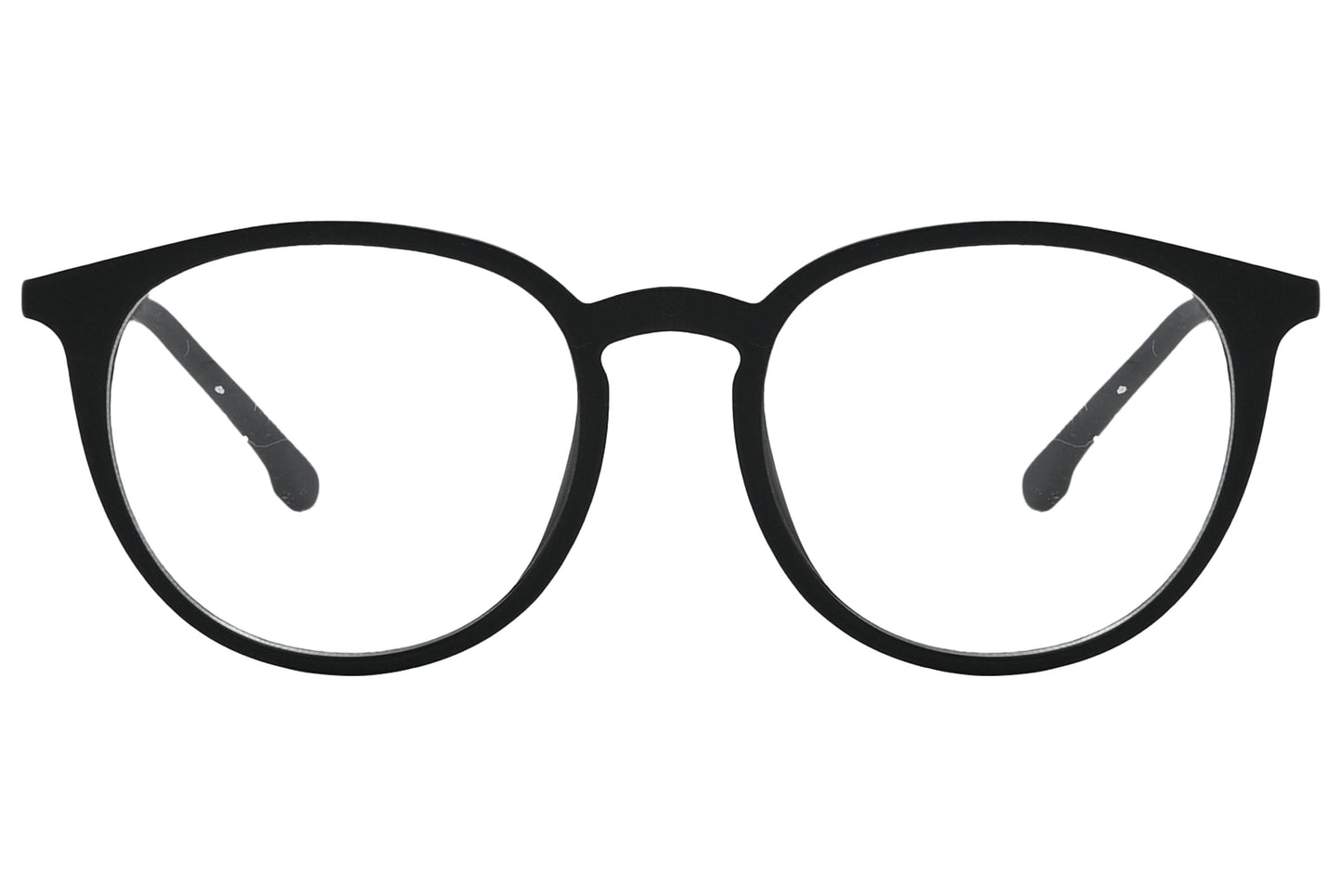 porto romano round black eyeglasses frame viewed from front angle.