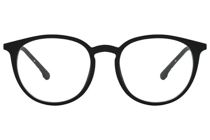 porto romano round black eyeglasses frame viewed from front angle.