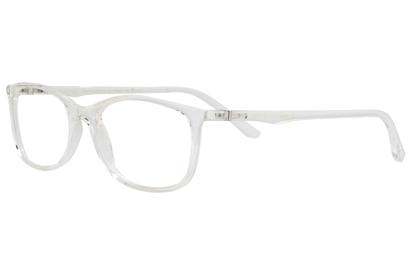 porto romano round white eyeglasses frame viewed from a 45-degree angle.