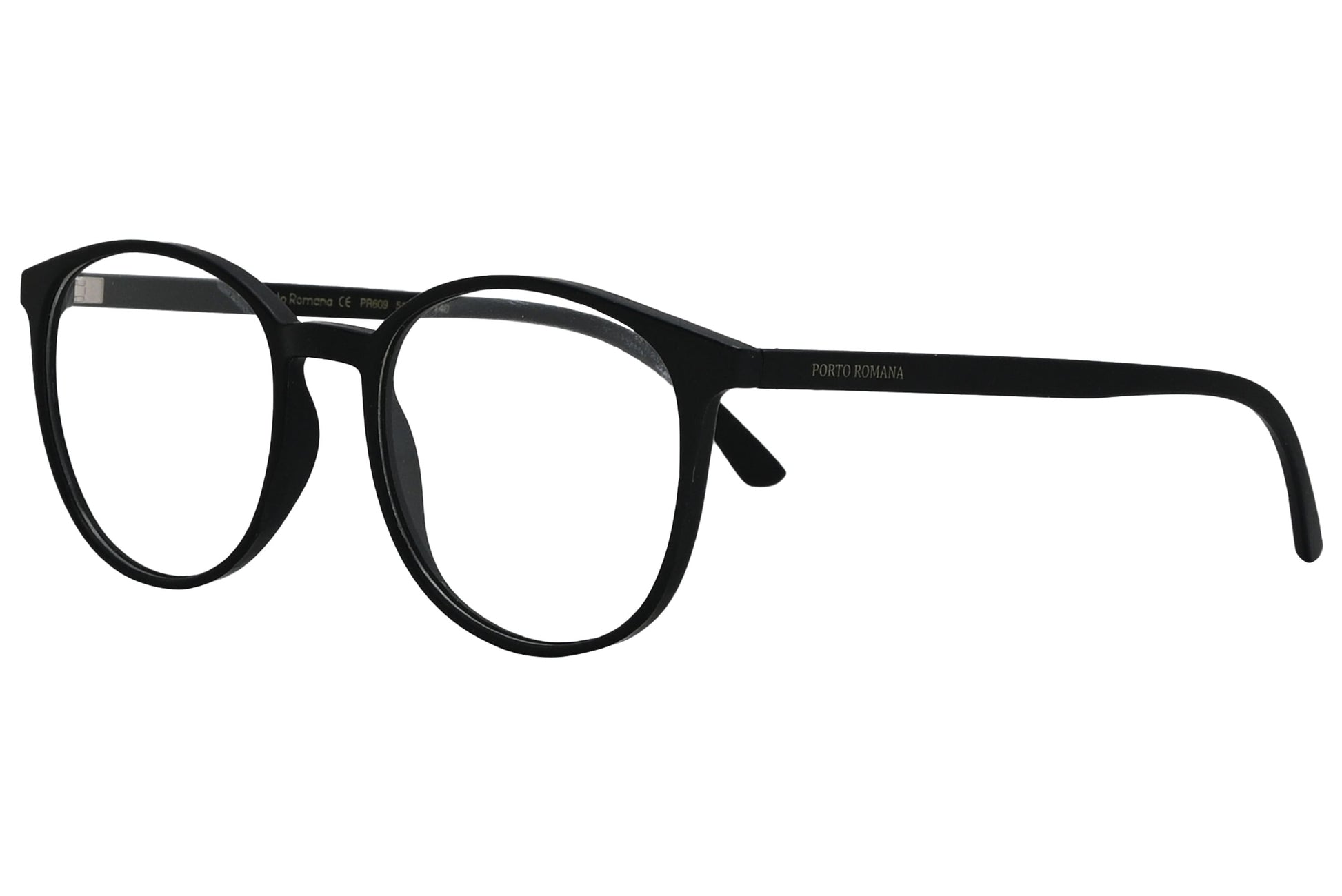 porto romano oval black eyeglasses frame viewed from a 45-degree angle.