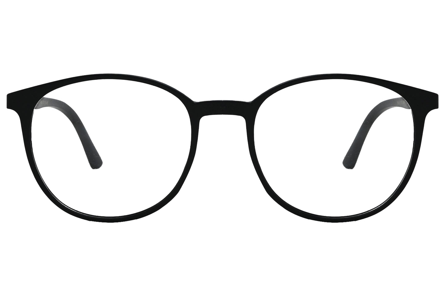 porto romano oval black eyeglasses frame viewed from front angle.