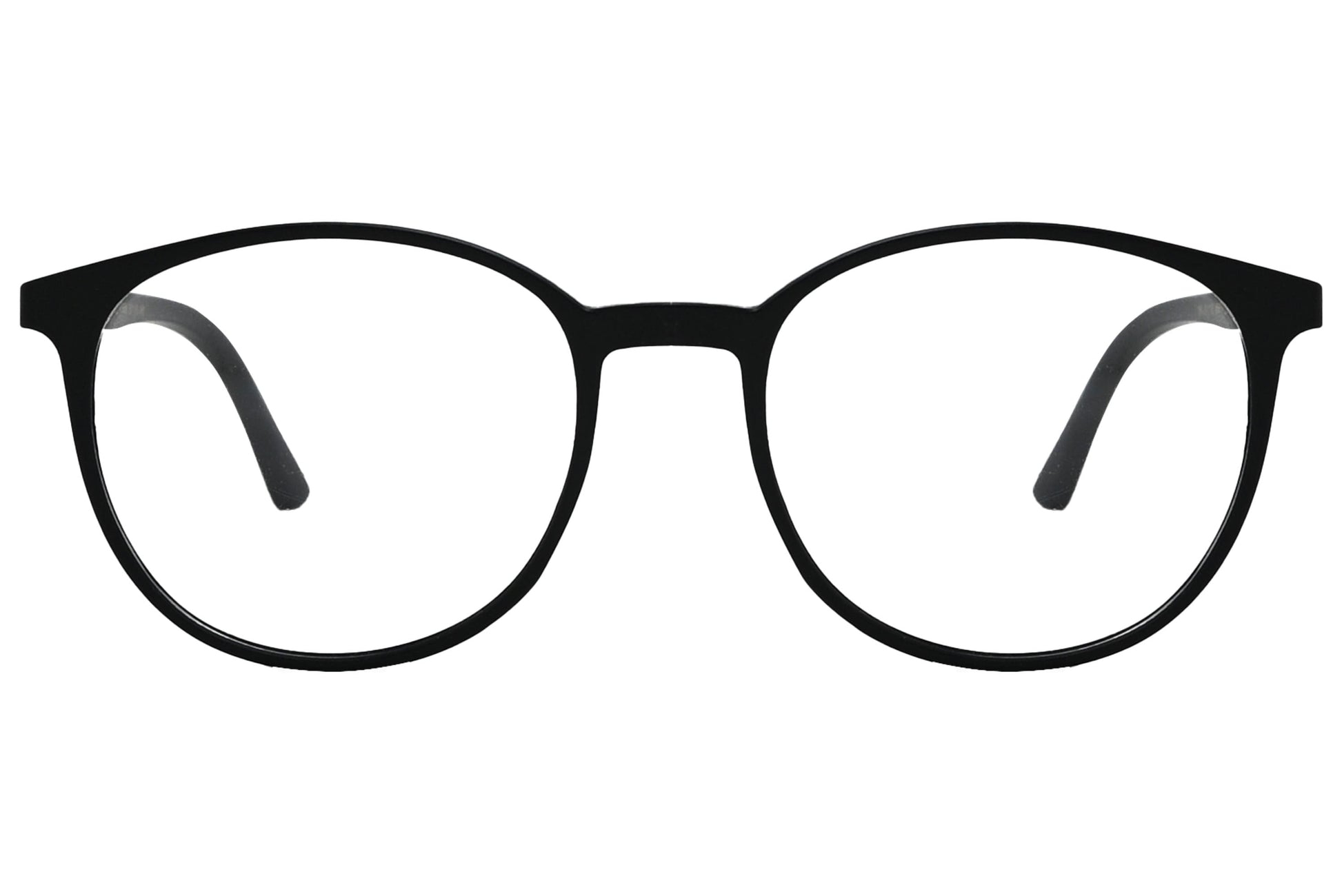 porto romano oval black eyeglasses frame viewed from front angle.