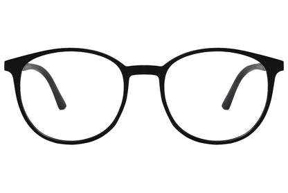 porto romano oval black eyeglasses frame viewed from front angle.