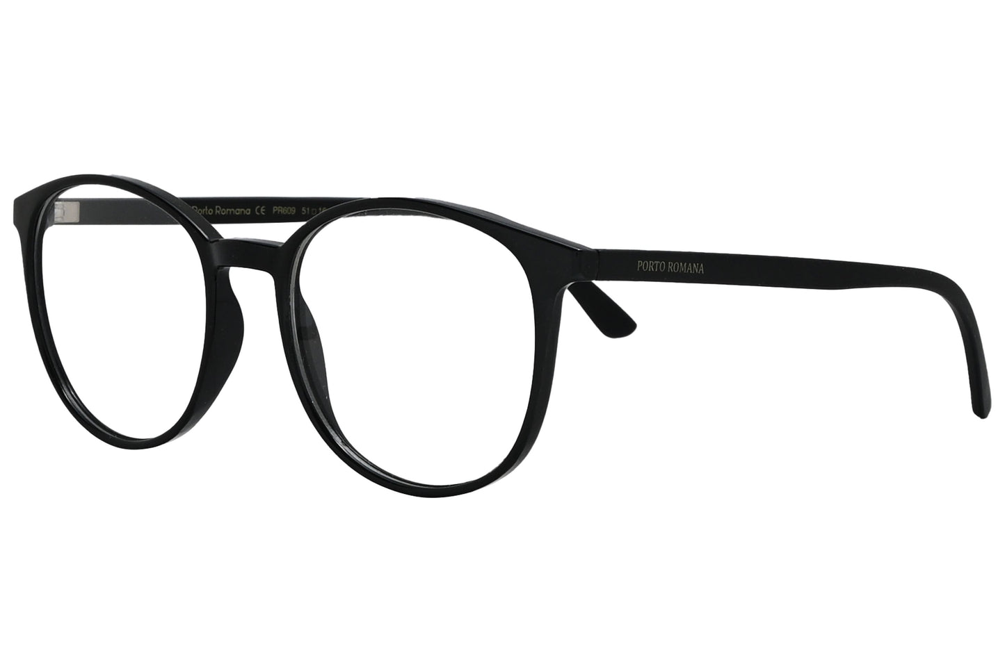 porto romano round black eyeglasses frame viewed from a 45-degree angle.