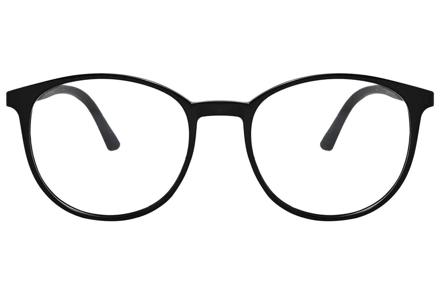 porto romano round black eyeglasses frame viewed from front angle.