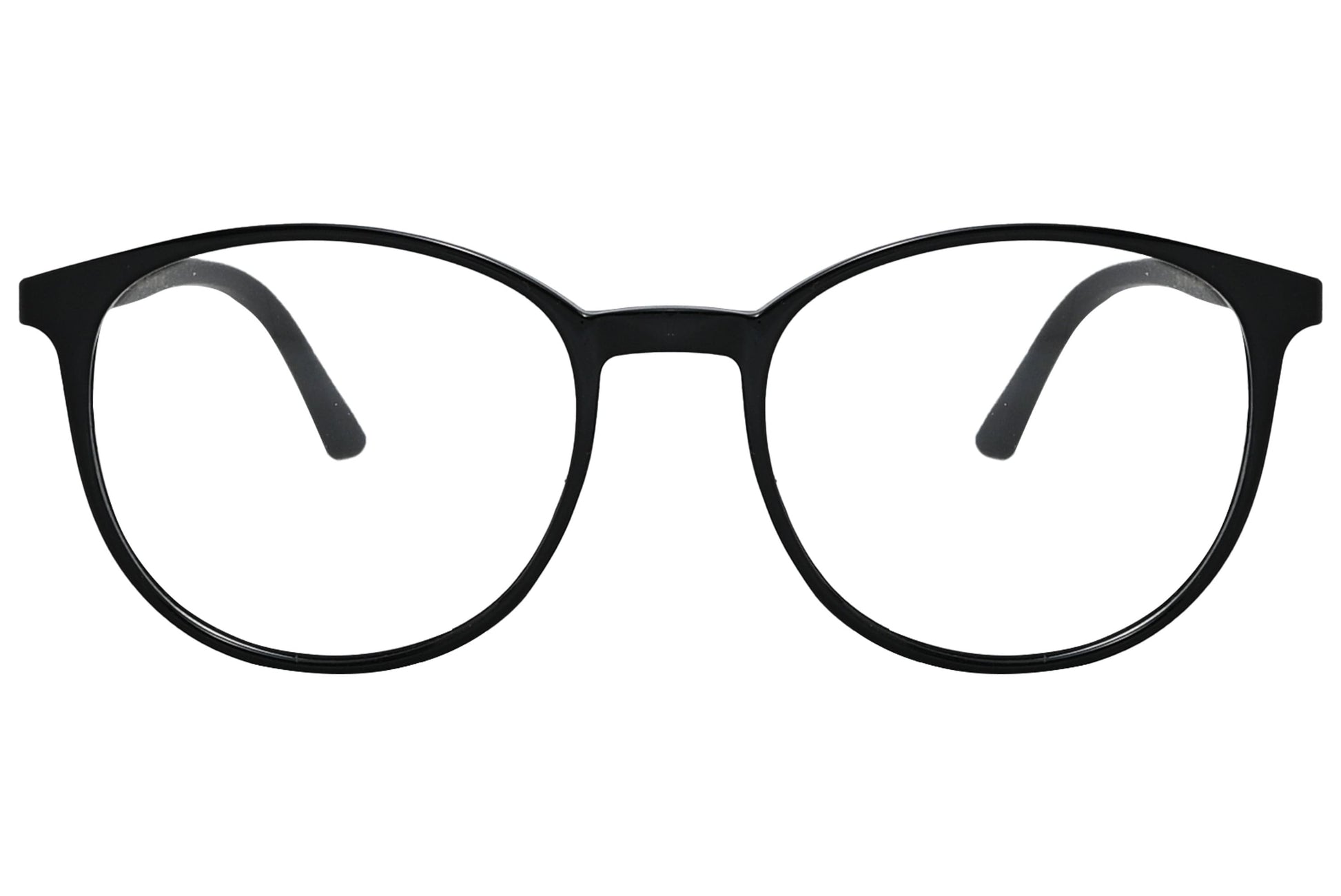 porto romano round black eyeglasses frame viewed from front angle.