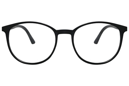 porto romano round black eyeglasses frame viewed from front angle.