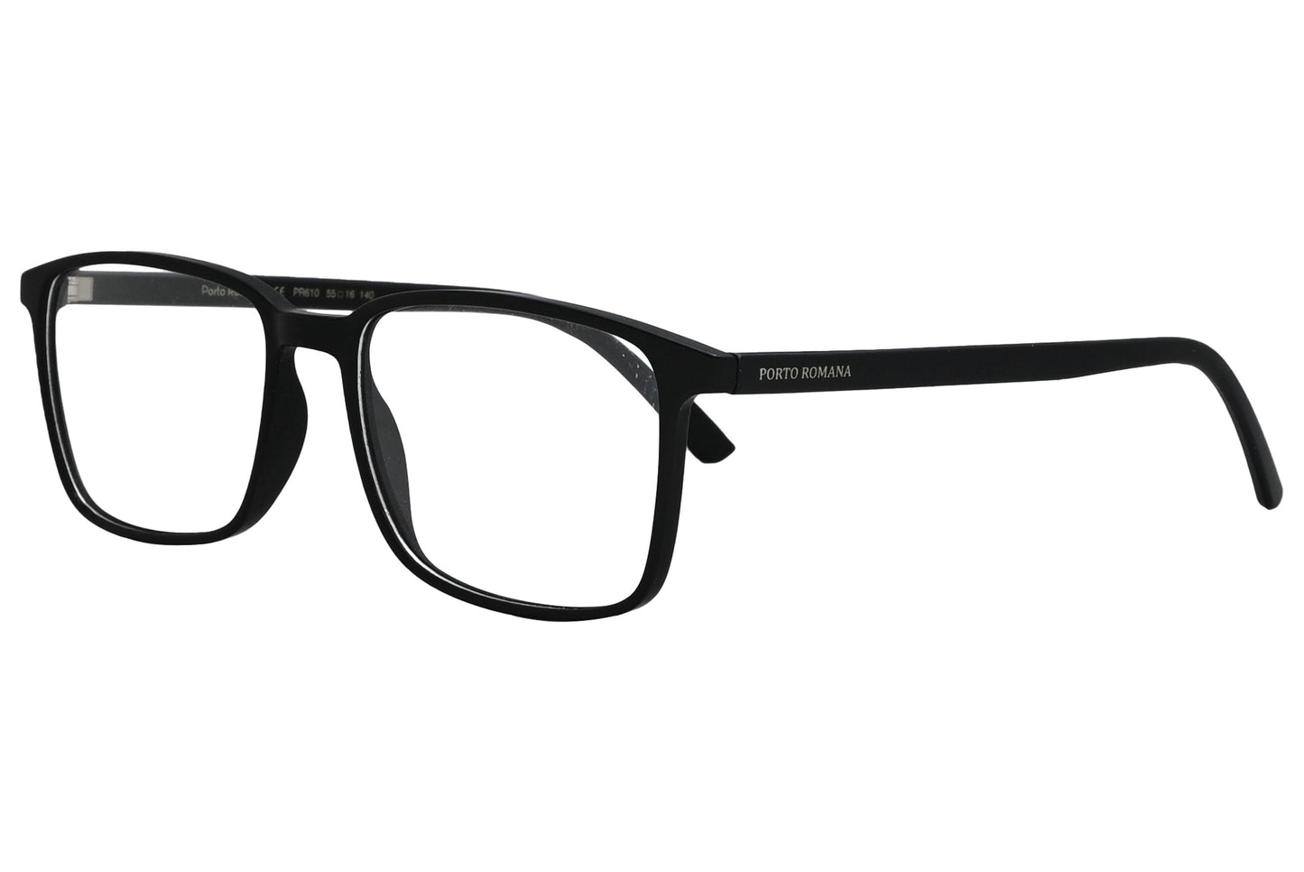 porto romano round black eyeglasses frame viewed from a 45-degree angle.