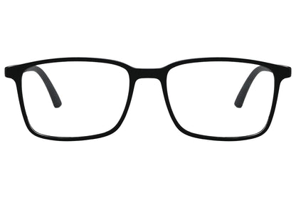 porto romano round black eyeglasses frame viewed from front angle.