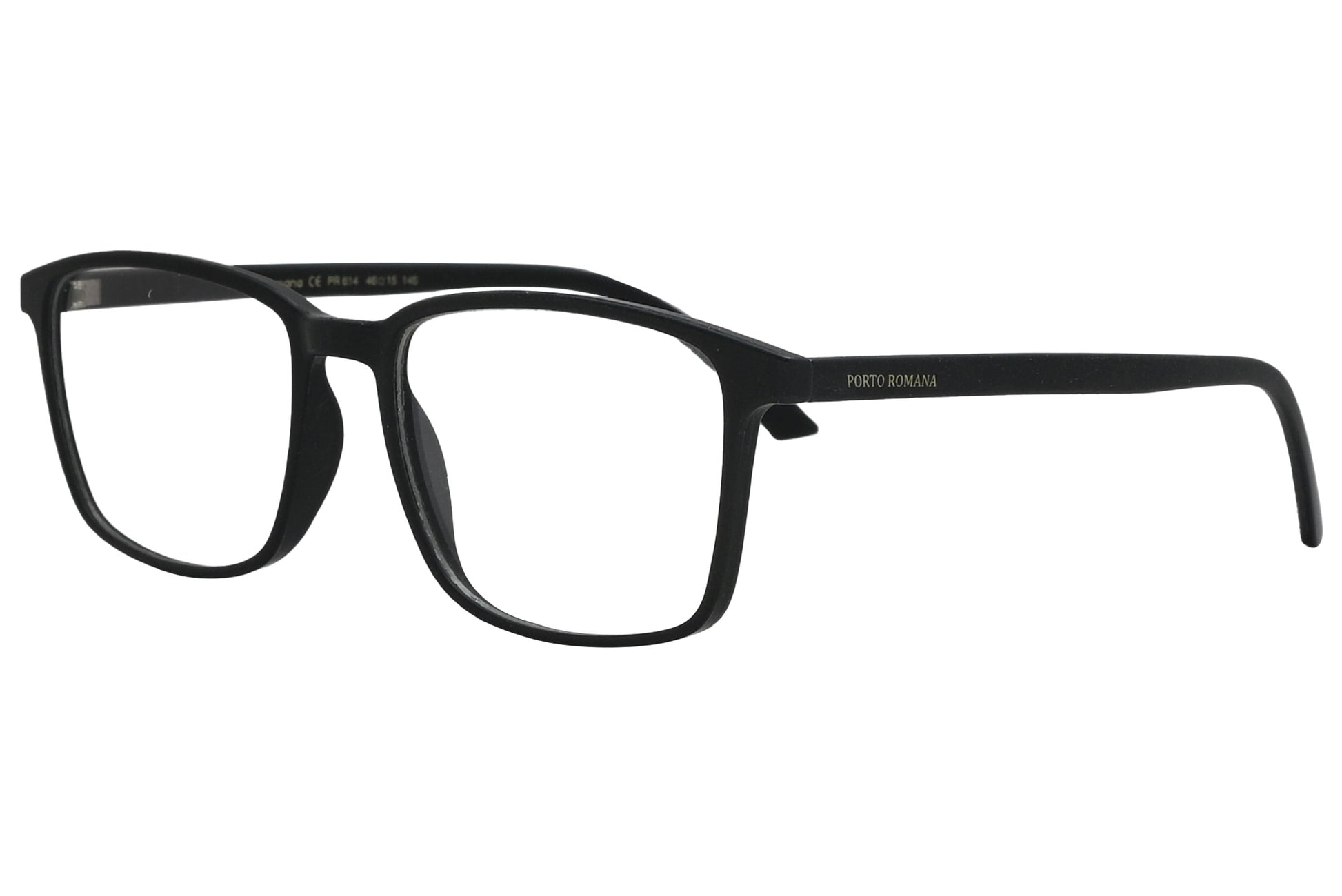 porto romano rectangle black eyeglasses frame viewed from a 45-degree angle.