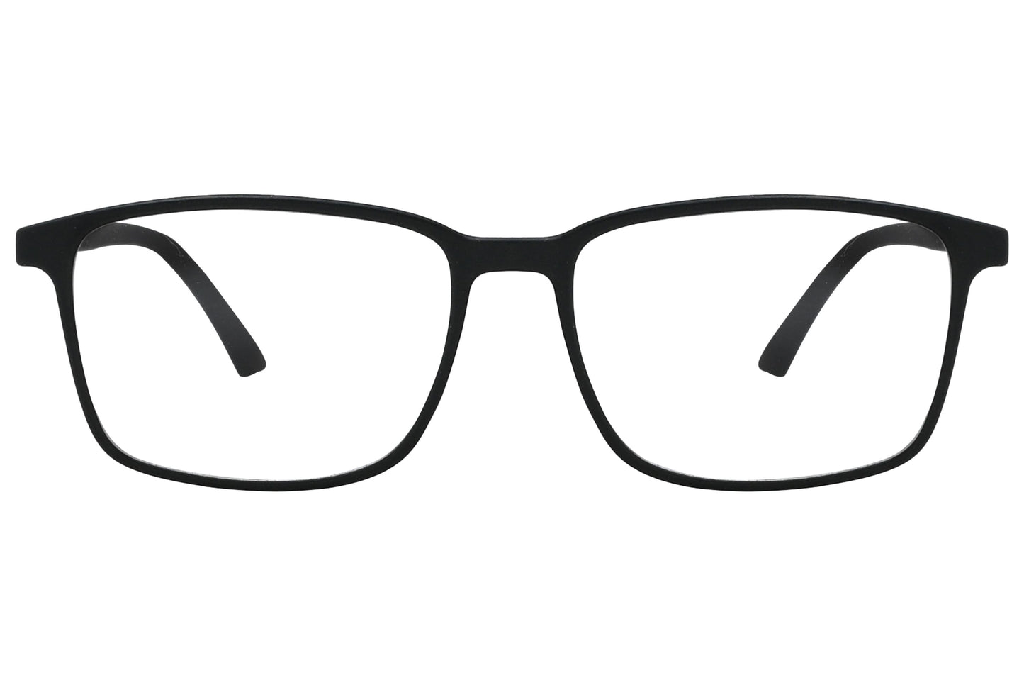 porto romano rectangle black eyeglasses frame viewed from front angle.