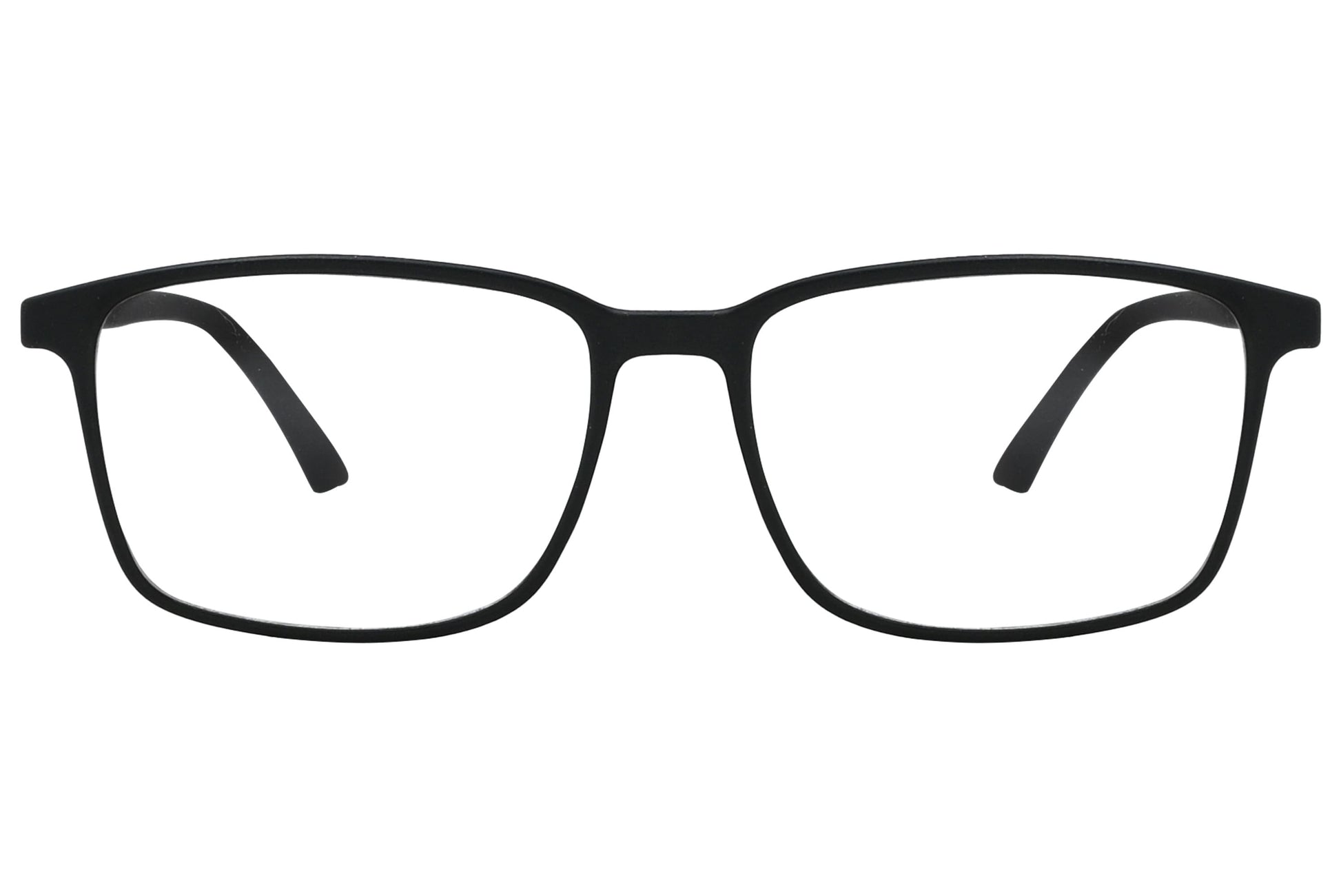 porto romano rectangle black eyeglasses frame viewed from front angle.