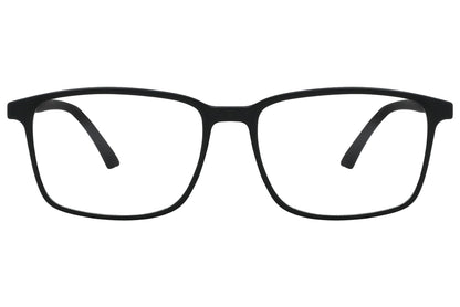 porto romano rectangle black eyeglasses frame viewed from front angle.