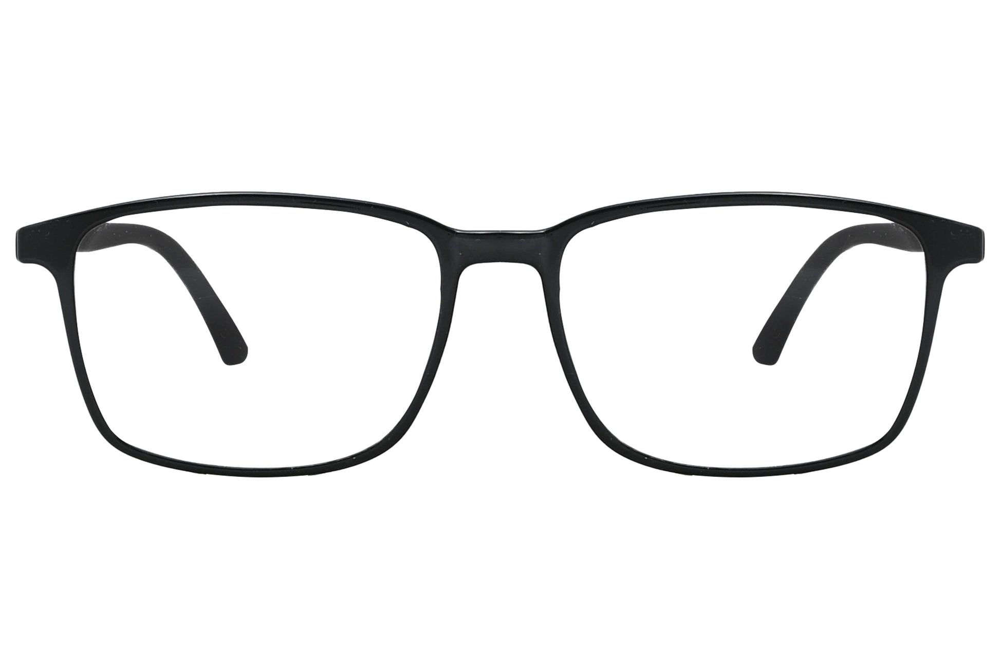 porto romano rectangle black eyeglasses frame viewed from front angle.