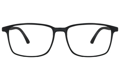 porto romano rectangle black eyeglasses frame viewed from front angle.