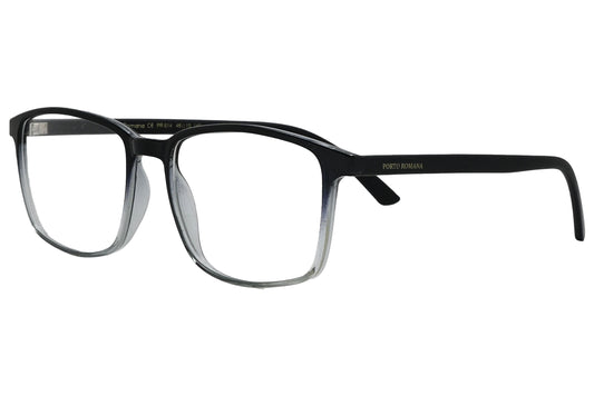 porto romano rectangle black eyeglasses frame viewed from a 45-degree angle.