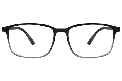 porto romano rectangle black eyeglasses frame viewed from front angle.